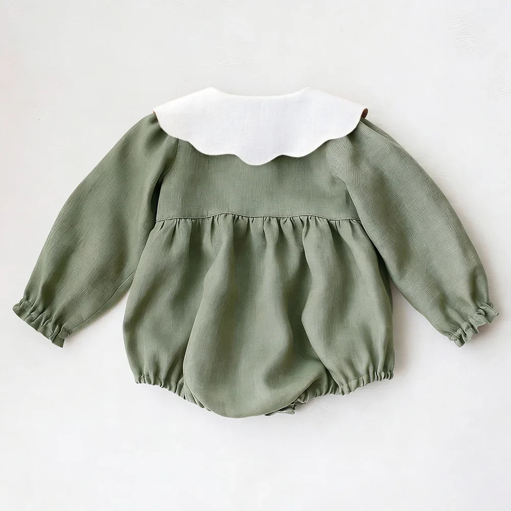 Embroidered Flap Cotton Long Sleeve Romper