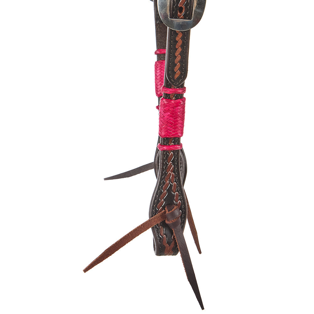 WD-RRSEH-HP Hot Pink Rawhide Rope Tooled Single Ear Headstall