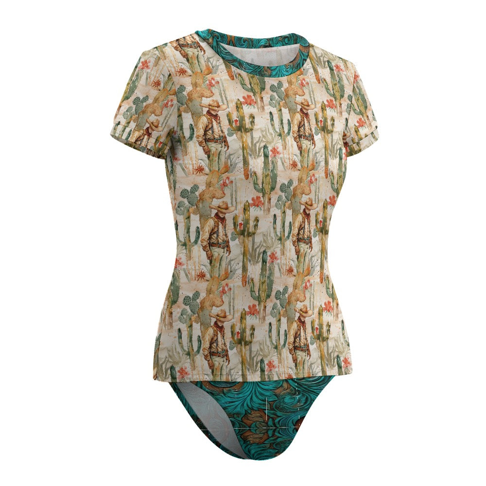 Brewster County Cowboy Turquoise Leather Print Short Sleeve Two Piece Bikini Swimsuit