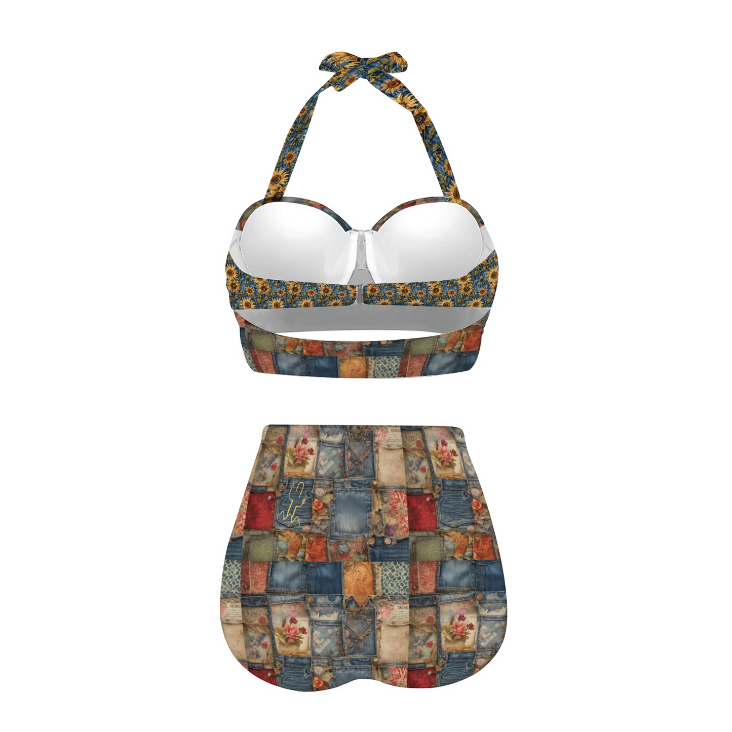 Sunflower Patchwork Two-Piece Bathing Suit Halterneck Bikini