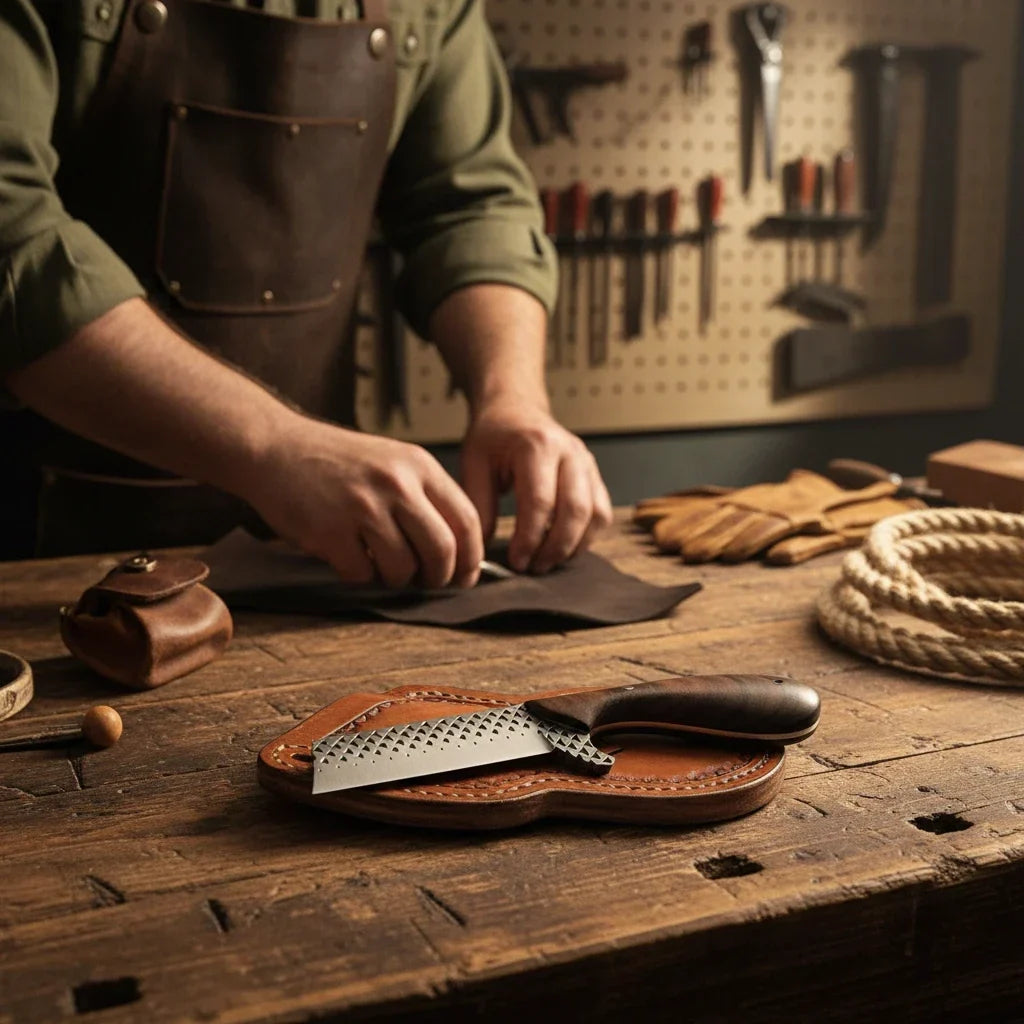 The Rustler – Custom Handmade Farrier Rasp Steel Bull Cutter Knife with Burl Rosewood Handle & Leather Sheath
