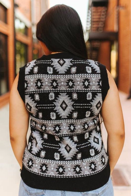 LUCKY & BLESSED Black Aztec Knit V-Neck Sleeveless Western Sweater Top — Monochromatic Southwestern Geometric (Medium remaining)