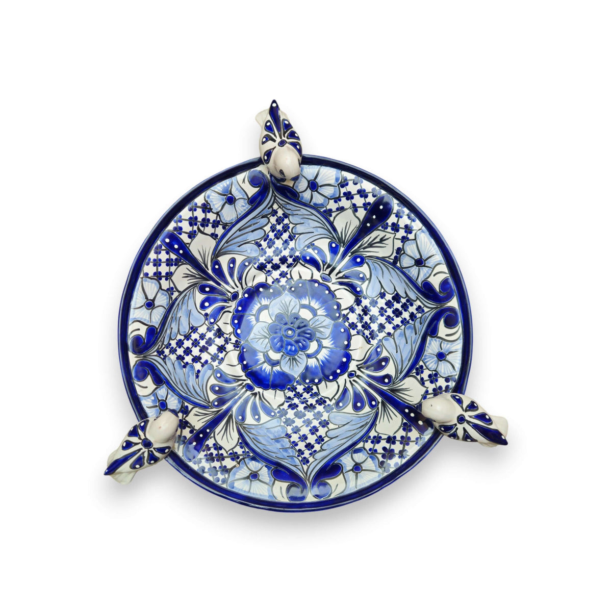 Blue & White Talavera Frog Fountain with Rim Birds | Mexican Garden