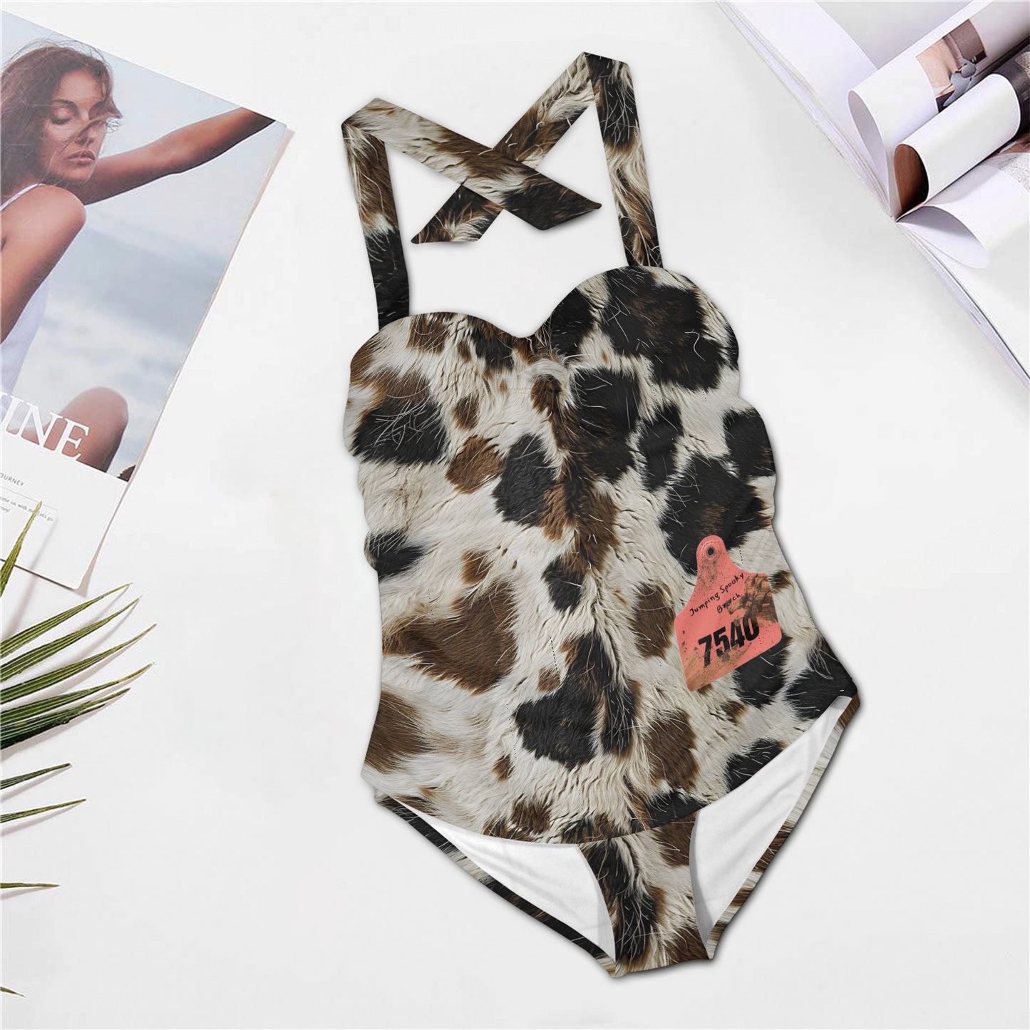 Jumping Spooky Bi**h Ear Tag Tricolor Cow Print Halter Neck Swimsuit