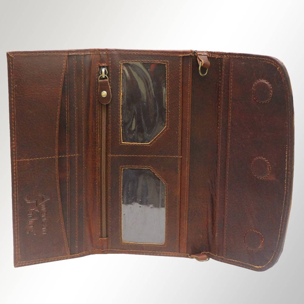 Western Cactus Fields Hand-Tooled Genuine Leather Bag/Wallet Hybrid — Vegetable Tanned American Leather