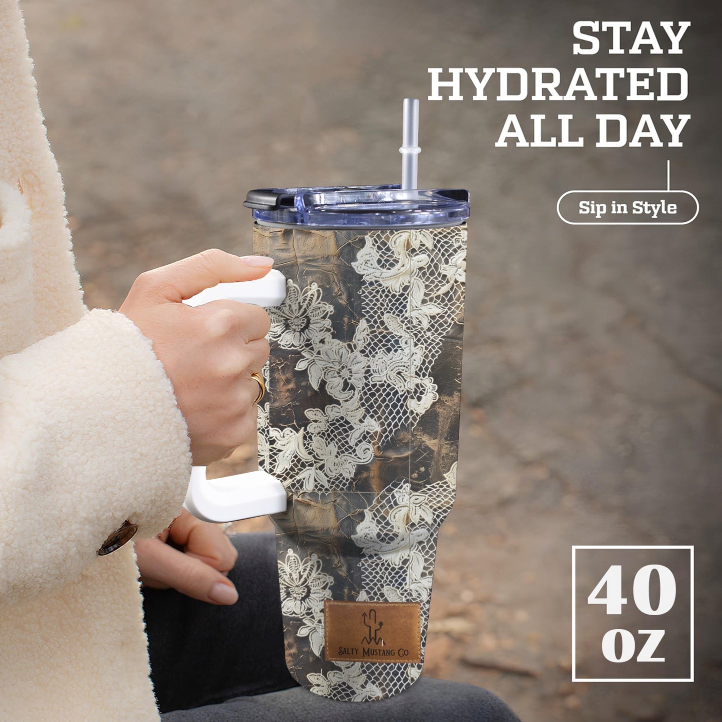 Rustic Bridal Lace 40 oz Tumbler Personalized 40oz Tumbler with Handle