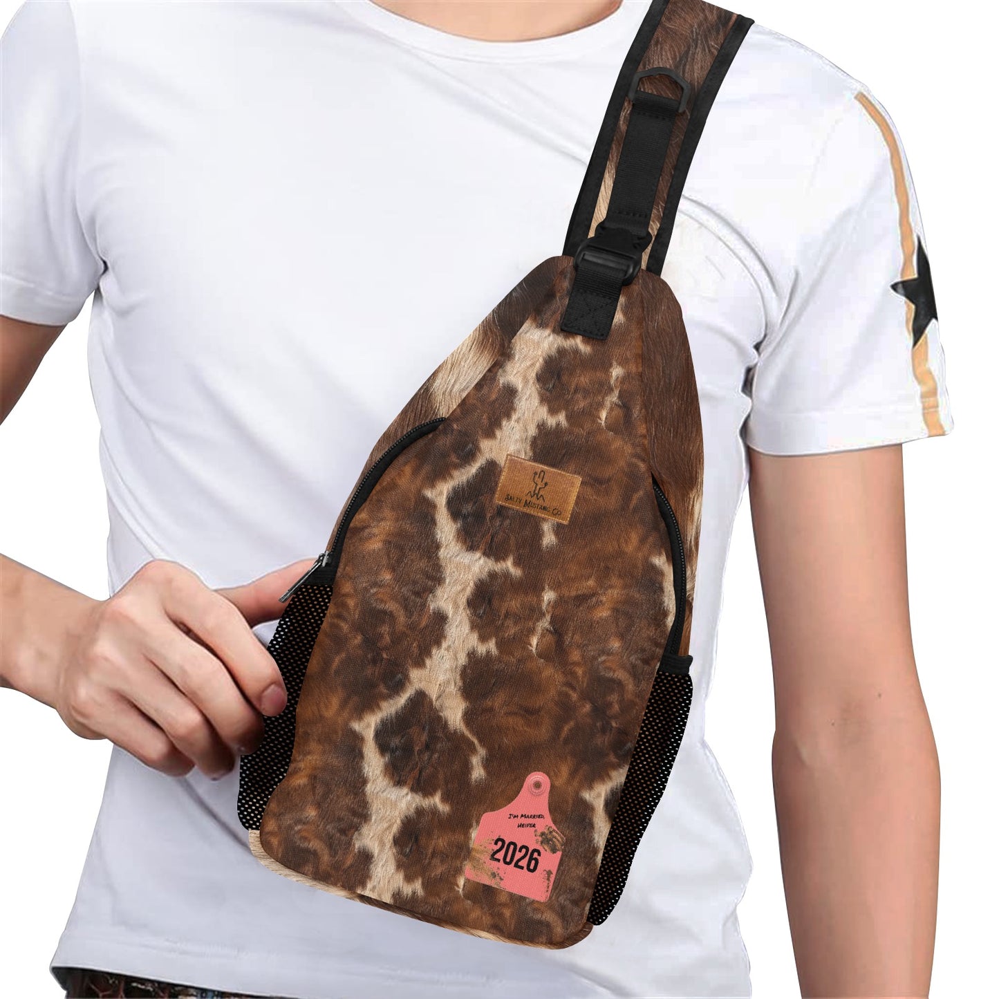 I’m Married Heifer Ear Tag Cow Hide Print Chest Bag