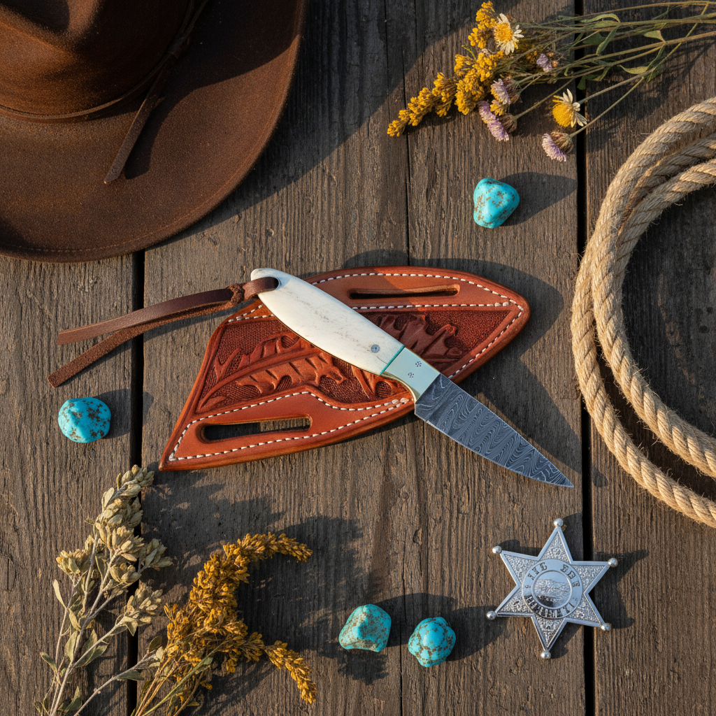 Compact Damascus Western Ranch Knife – Bone Handle & Brass Bolster with Leather Sheath