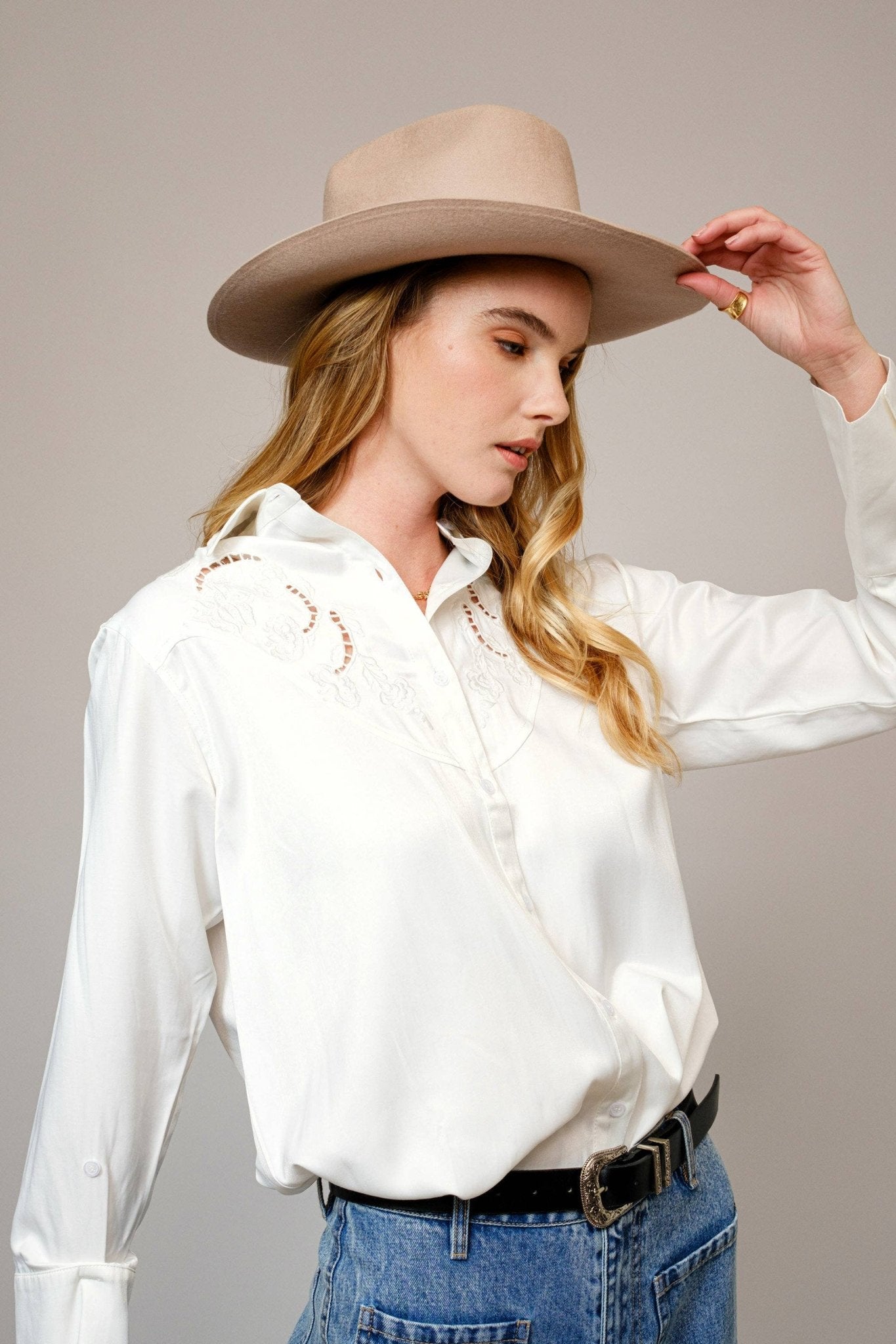 Blue B Embroidered Western Yoke Button-Up Blouse — Lightweight Matte Satin with Cutout Details