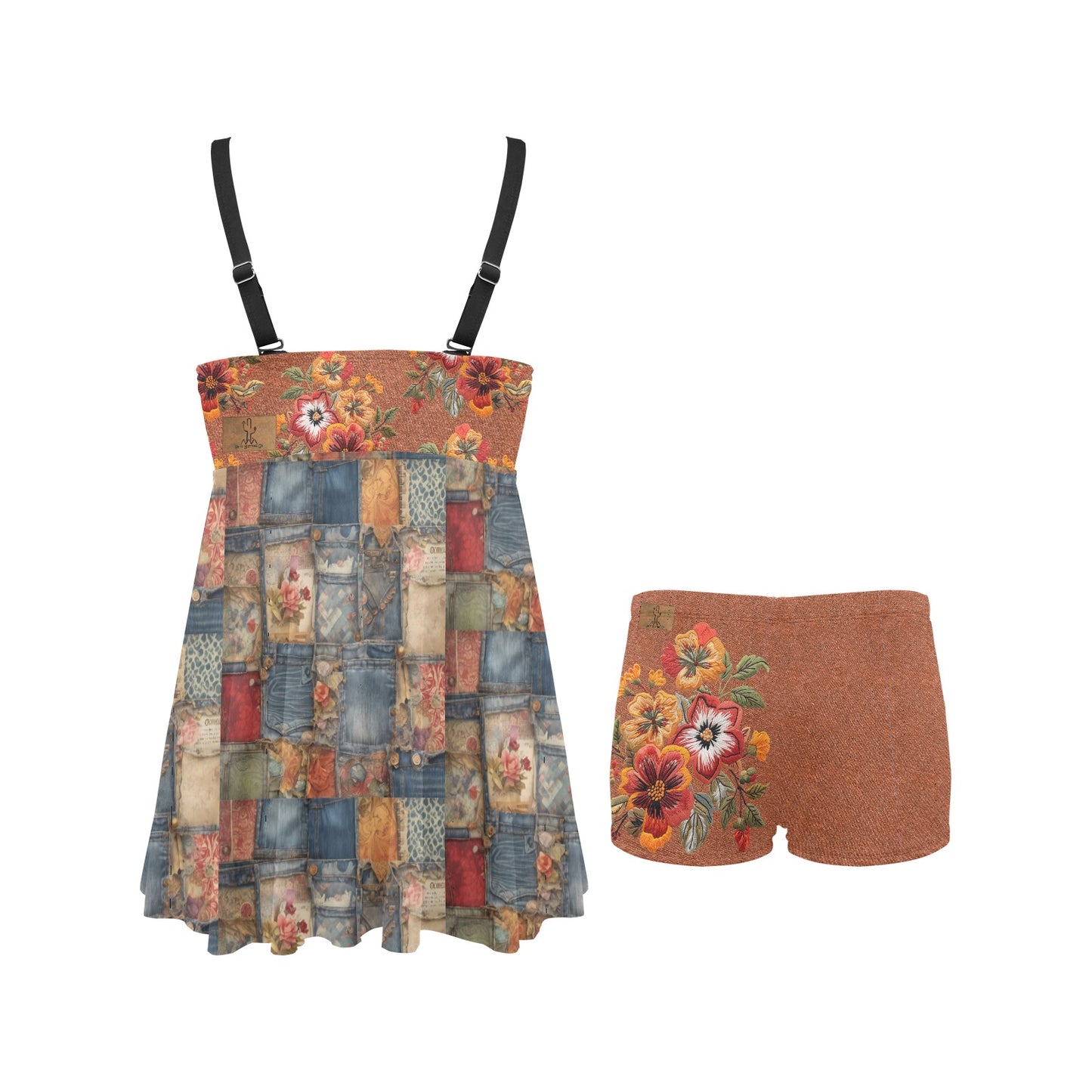Rustic Patchwork Chest Pleat Swim Dress