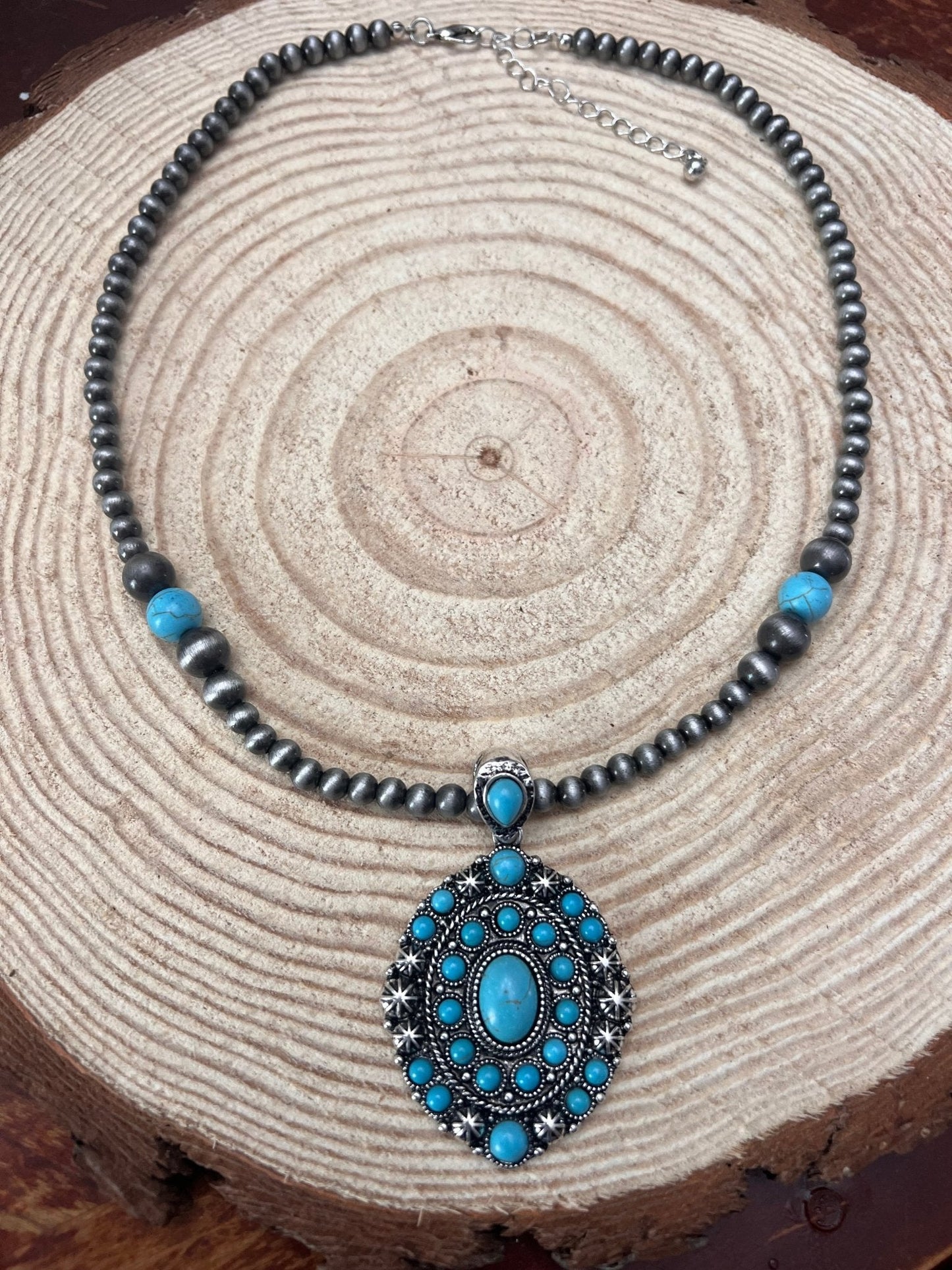 Western Turquoise Cluster Pendant Pearl Necklace — 20 Inch (Pearl Strand with Turquoise Drop)