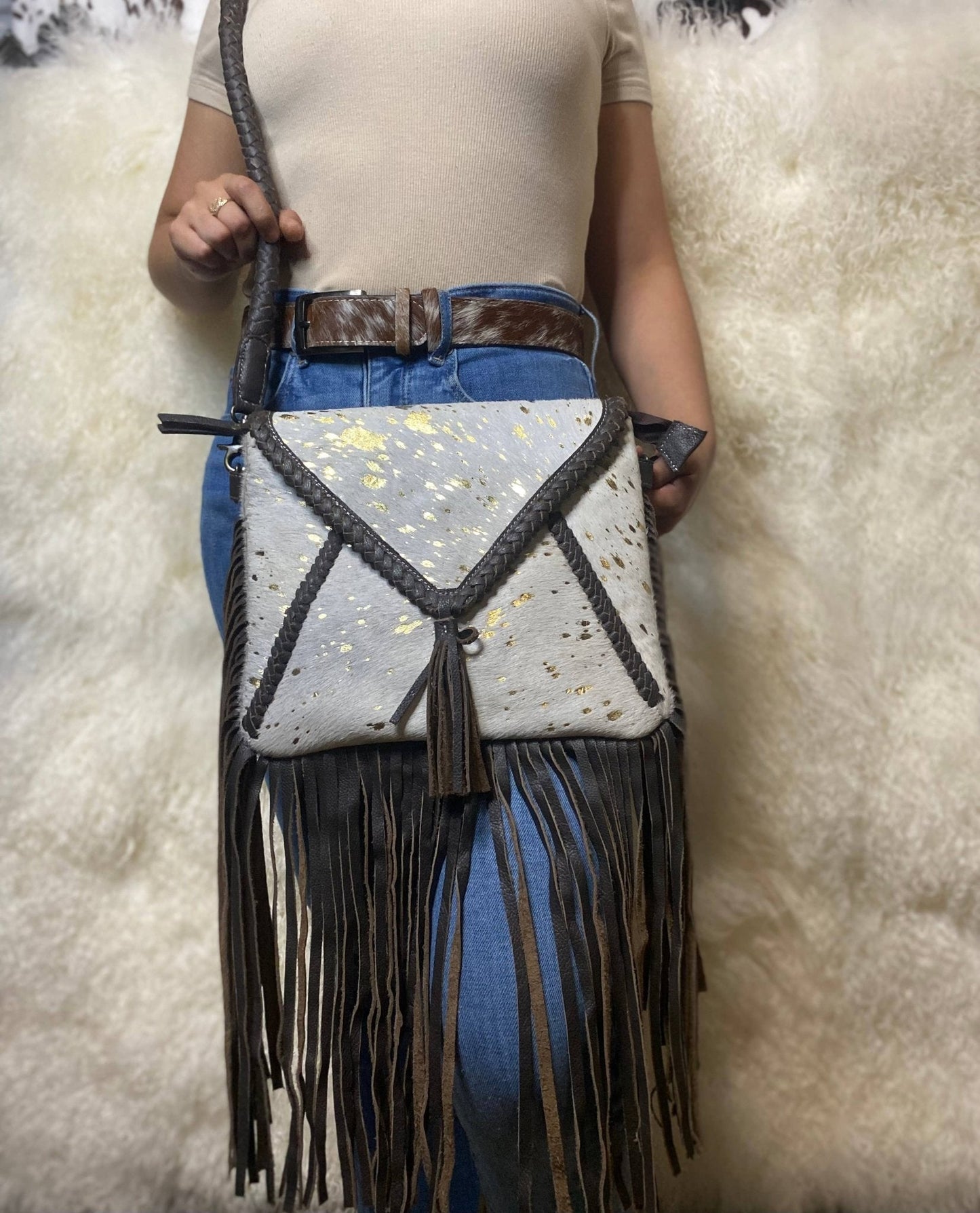 Western Fringe Cowhide Crossbody Bag — 100% Natural Hide with Acid Wash Gold Leather Rope Strap (11")