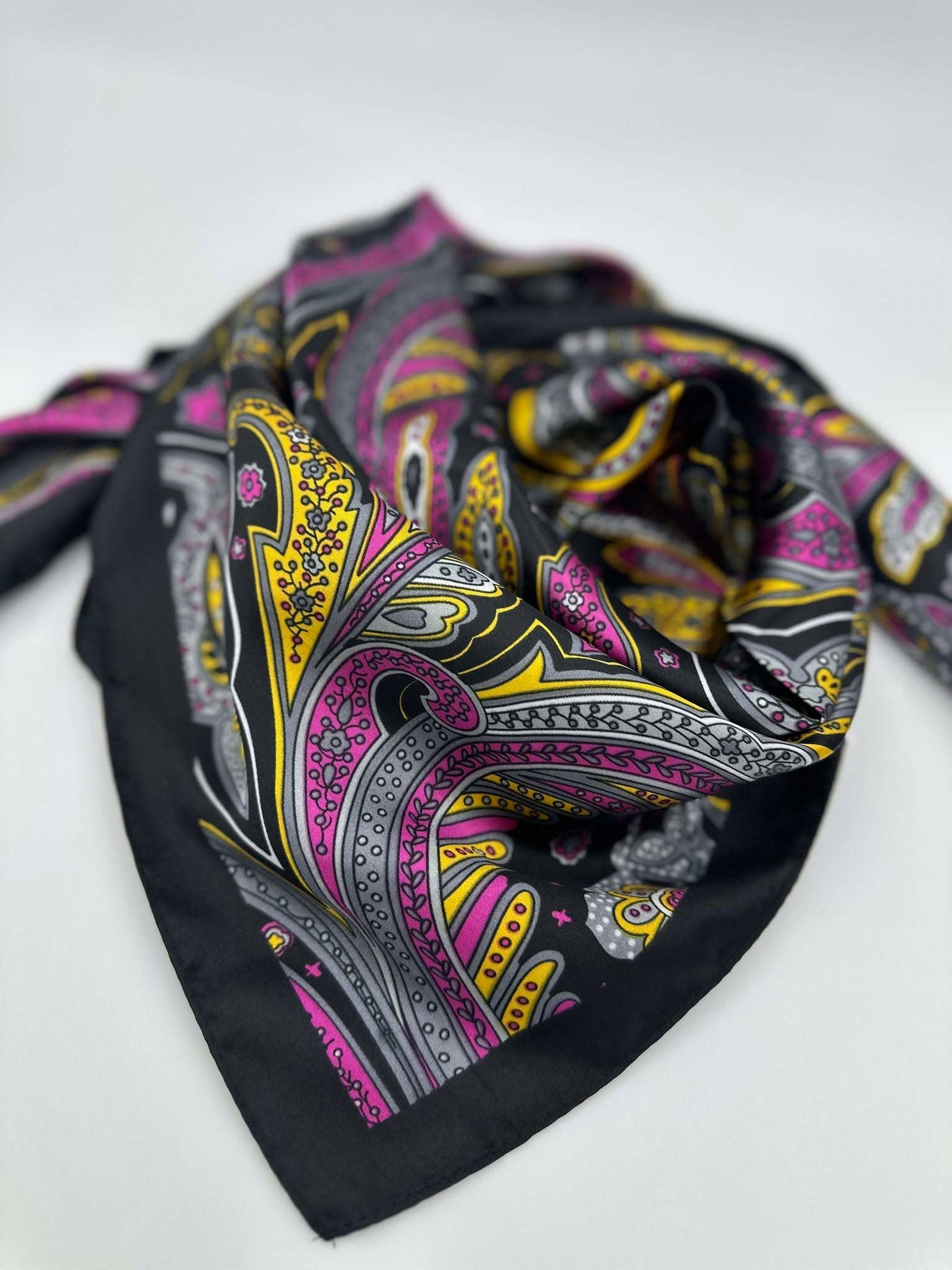 Fuchsia & Gold Bold Paisley Wild Rag — 36" Poly Satin Vibrant Western Scarf