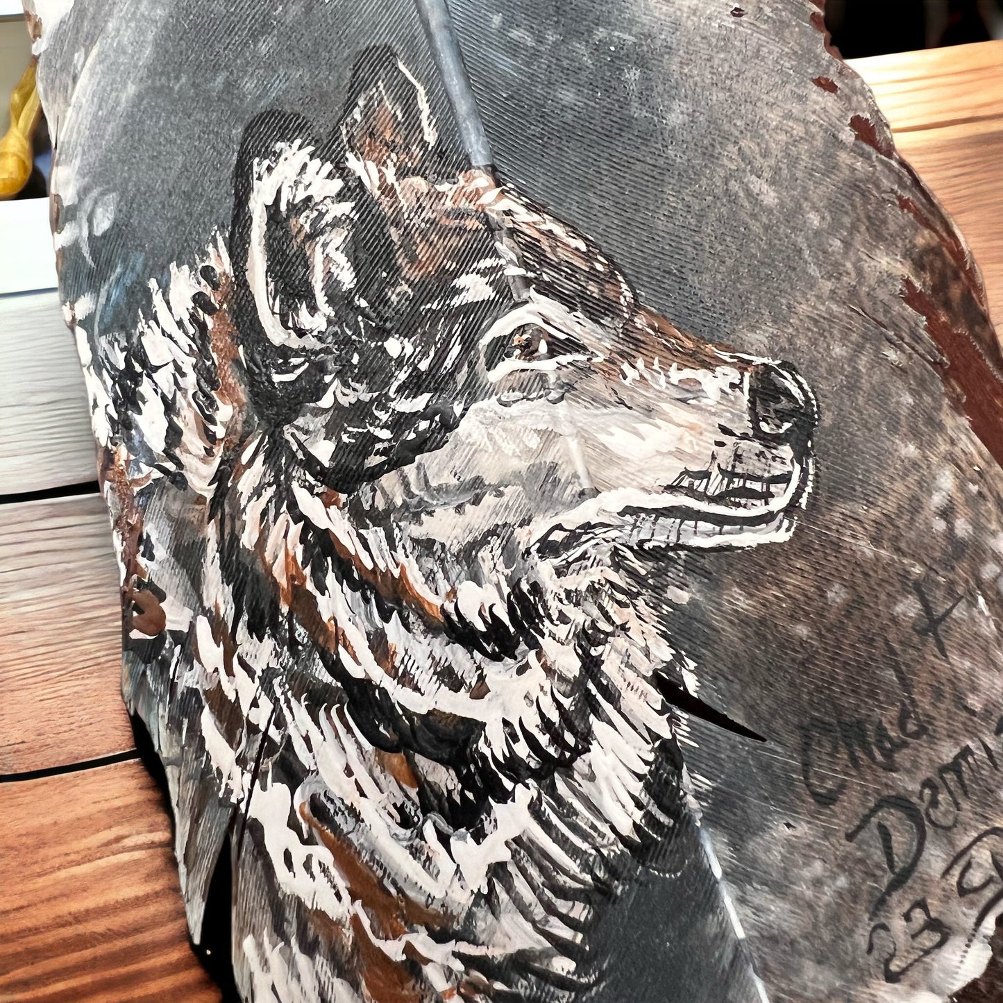 Hand-Painted Wolf Hat Feather by Chad Demien — Wildlife Artisan Western Hat Accessory (Custom Available)