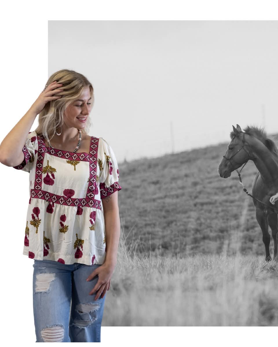Umgee "Prairie Marigold" Western Boho Blouse — Embroidered Contrast Trim with Square Neck & Puff Sleeves (Red & Olive Floral)