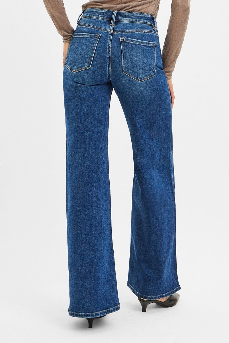 Risen Mid-Rise Front Seam Wide-Leg Western Jeans — Dark Wash with Front Slash Patch Pocket (Size 13 and 15 remaining)