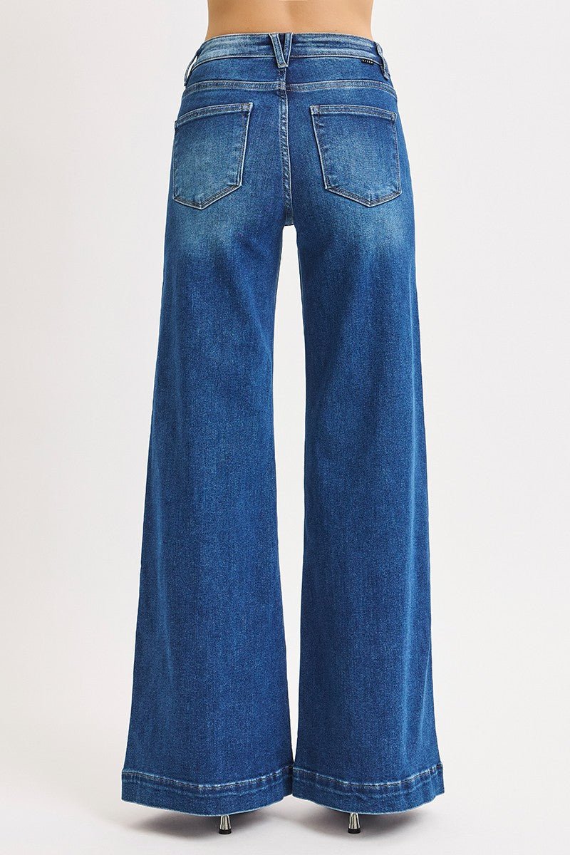 Risen Mid-Rise Wide Front Patch Pocket Western Jeans — Dark Wash with Trouser Hem & Tabbed Patch Pocket