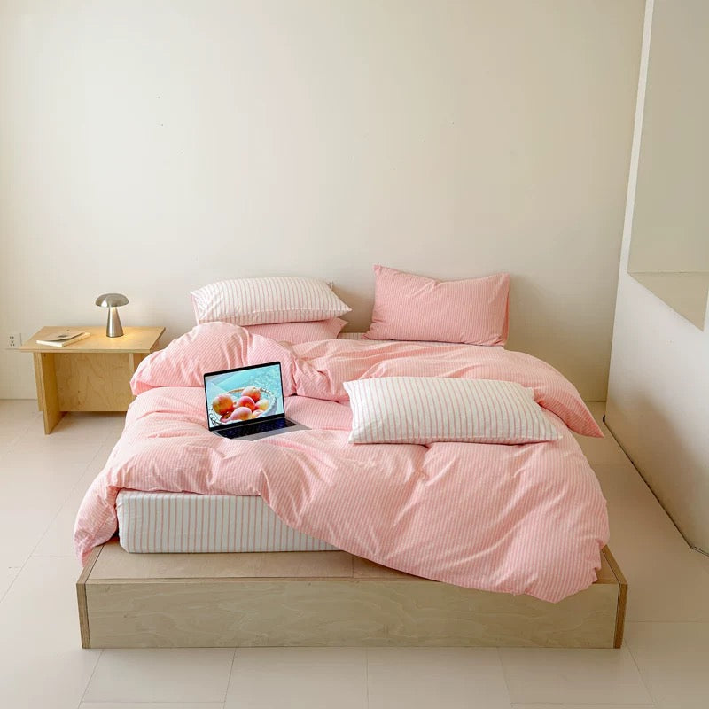 Pistachio Green Striped Duvet Cover Set