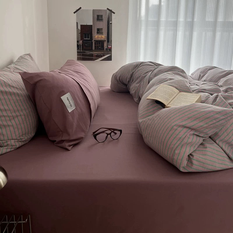 Purple Striped Cotton Duvet Cover Set
