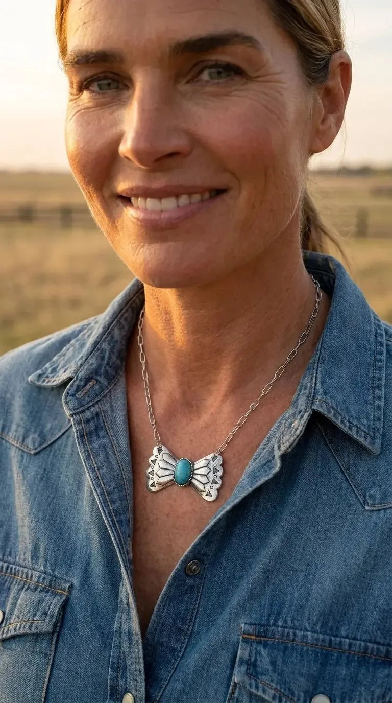 Western Bowtie & Faux Turquoise Necklace — 18 Inch with Extender