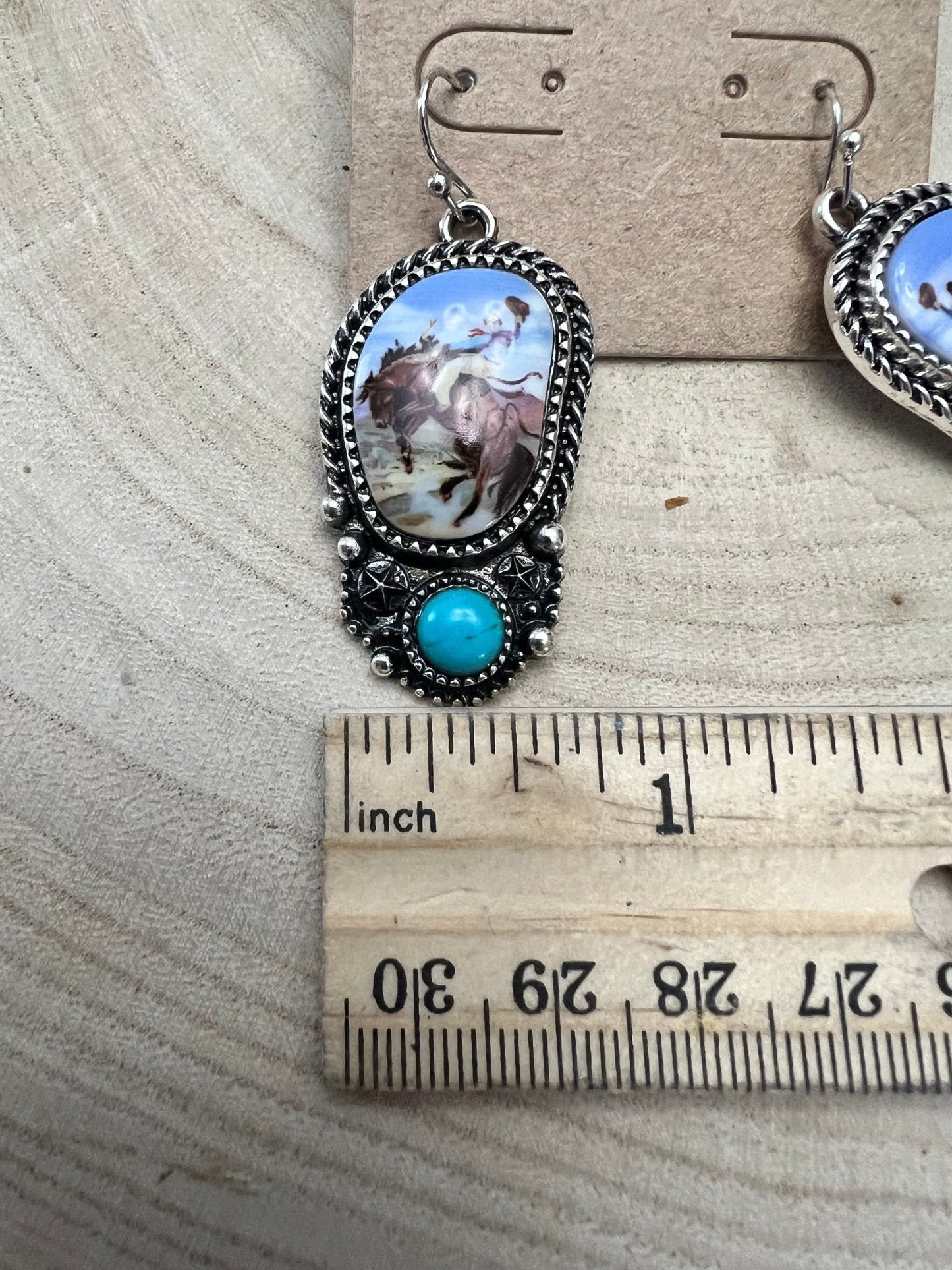 Western Bronc Print Oval & Faux Turquoise Earrings — Matching Rodeo Set