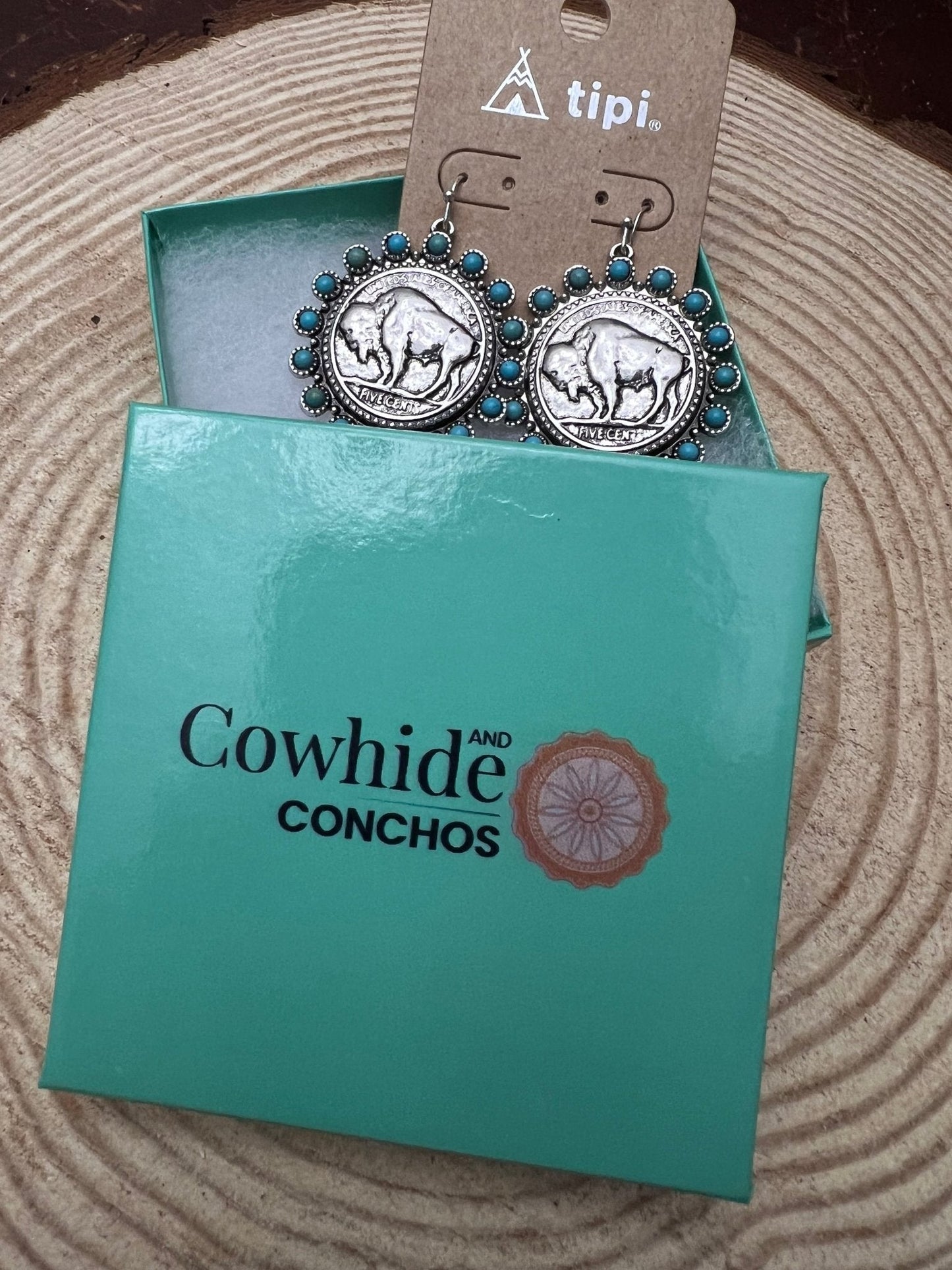 Western Buffalo Coin Dangle Earrings with Faux Turquoise — Statement Drop