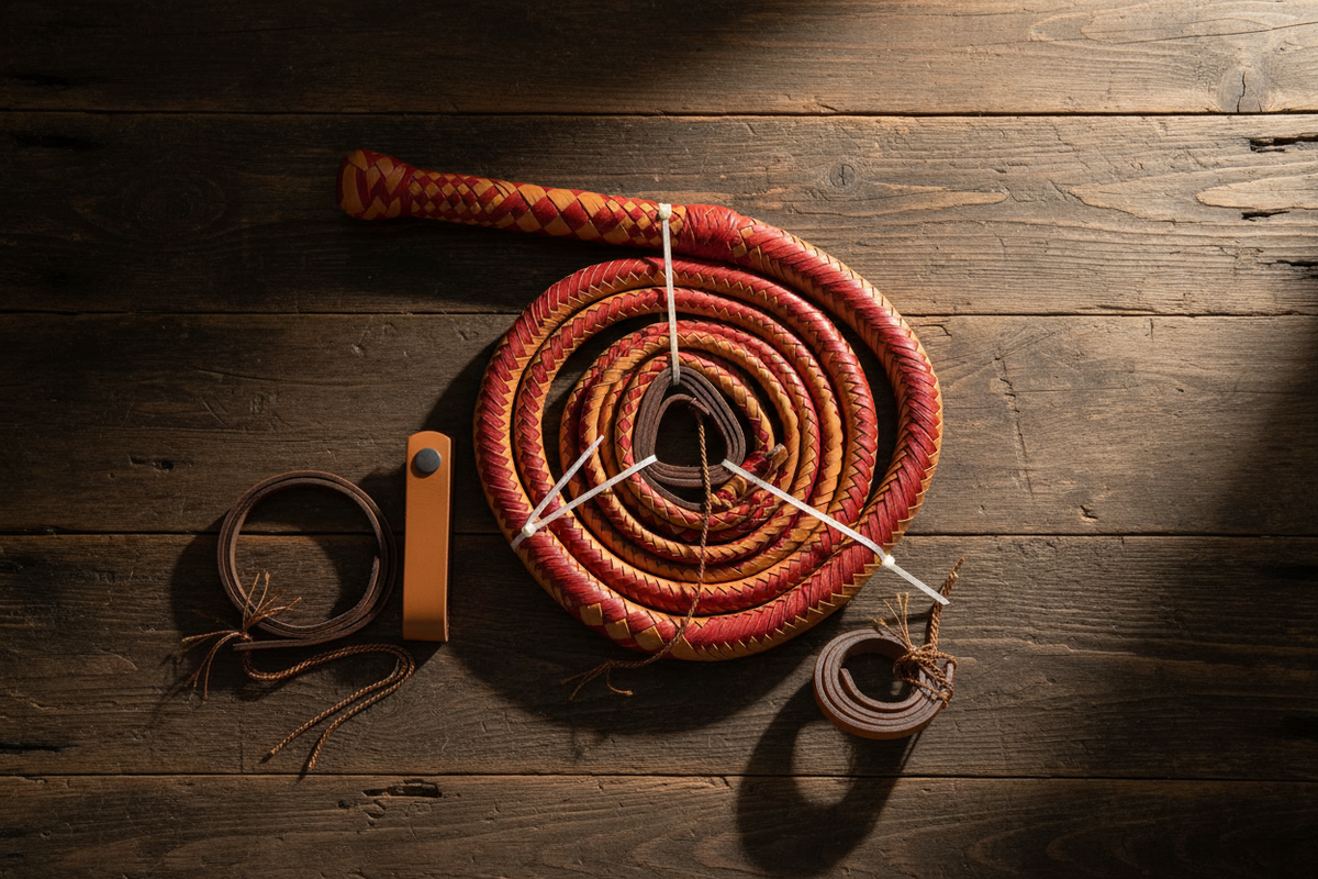Genuine Cowhide Cowboy Whip – Pink & Tan Leather Bull Whip