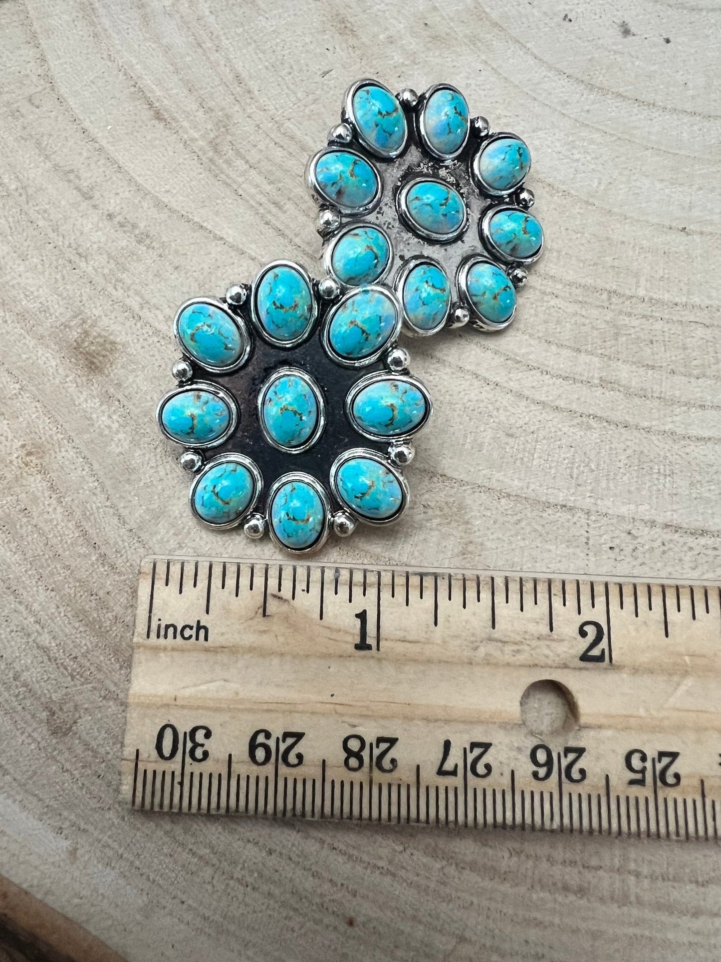 Western Faux Turquoise Cluster Earrings — Oxidized Silver 1" Statement