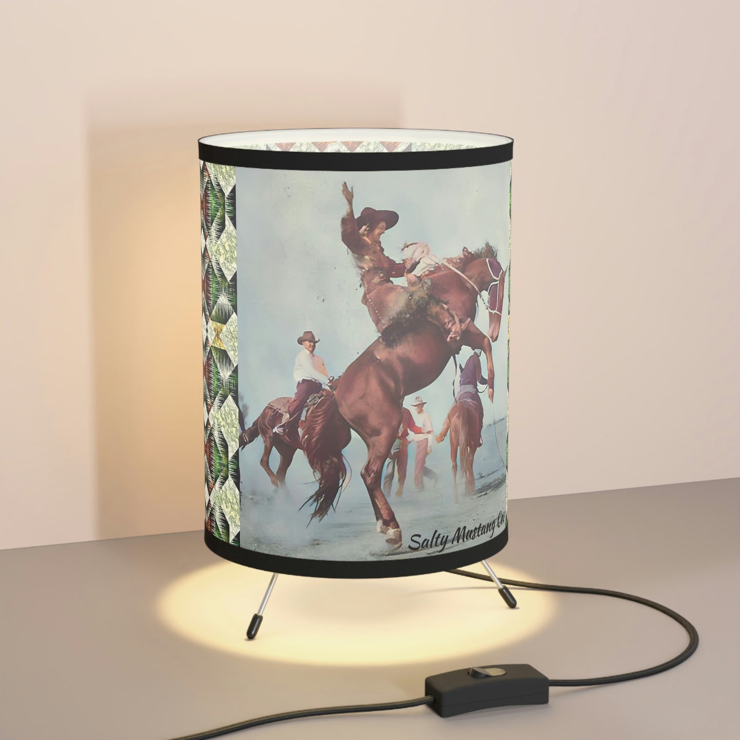 Vintage Cowgirl with Southwestern Pattern Tripod Lamp with High-Res Printed Shade, US\CA plug
