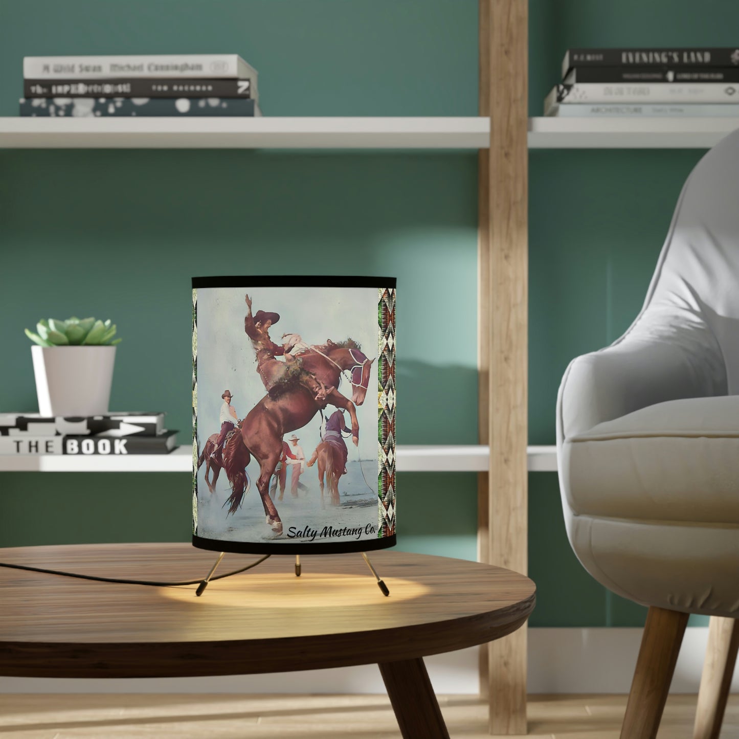 Vintage Cowgirl with Southwestern Pattern Tripod Lamp with High-Res Printed Shade, US\CA plug