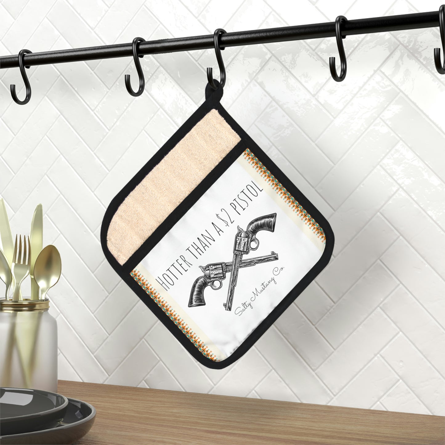"Hotter than a $2 pistol" Salty Mustang Co. Pot Holder with Pocket