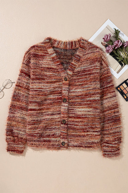 Stripe Fuzzy Button Front Cardigan Sweater