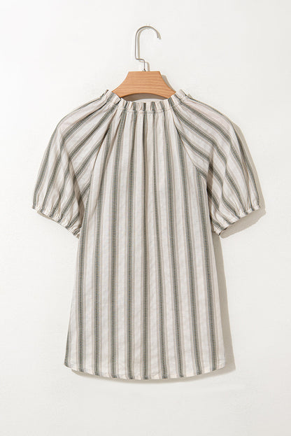 Stripe Frilled Tie-Neck Short Sleeve Blouse