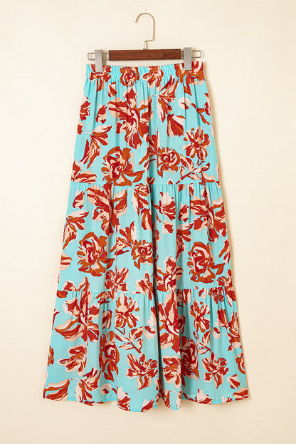 Boho Floral Side Slit Tiered Maxi Skirt