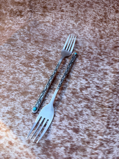 Wedding Cake Forks - Genuine Turquoise Engraved Fork Set | Ready to Ship