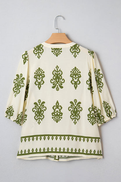 Boho Abstract Tie V-Neck Puff Sleeve Shirt