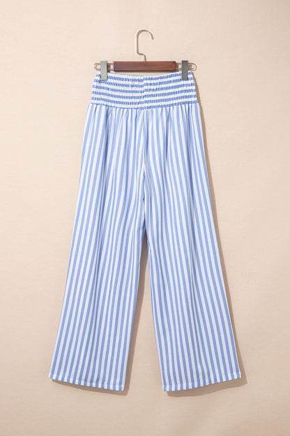 Stripe Shirred High Waist Wide Leg Pants