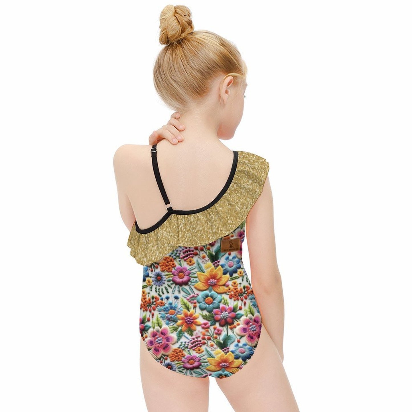 Floral Embroidery and Glitter Print (not actual glitter, glitter print) Design Flounce One-Piece Swimsuit for Girls