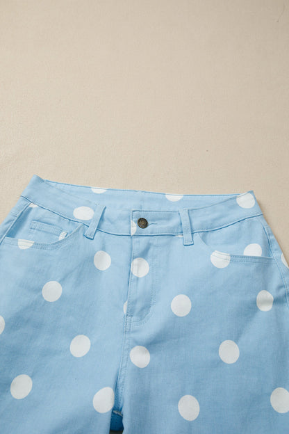 Polka Dot Denim Raw Hem High Waist Jeans