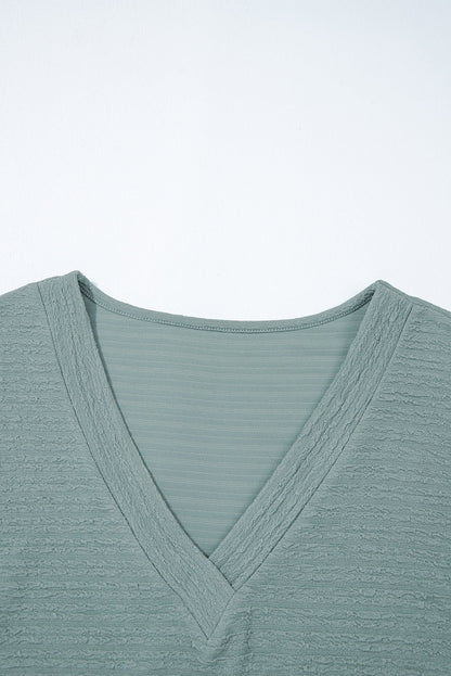 Solid Textured Wide Sleeve V-Neck T-Shirt