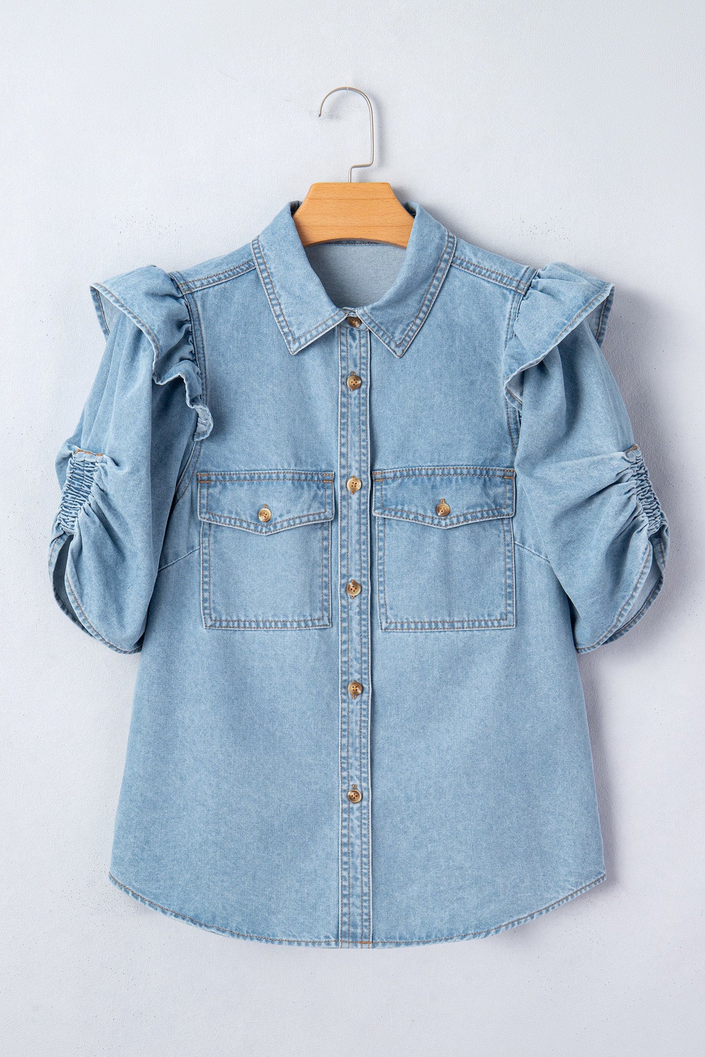 Solid Denim Ruffle Puff Sleeve Buttoned Shirt