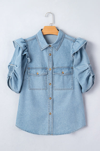Solid Denim Ruffle Puff Sleeve Buttoned Shirt