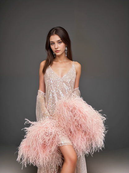 Ostrich Feather sequin mesh long robe dress with nightgown pink ivory-next day shipping