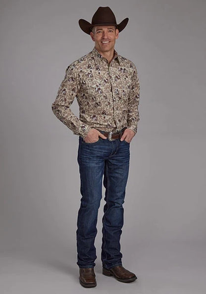 Roper 2116 Brushstroke Cowboys Print (Brown) - Men's Western Shirt