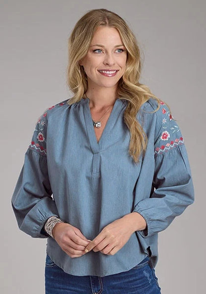 Roper 2435 Denim V-Neck (Blue) - Women's Western Blouse