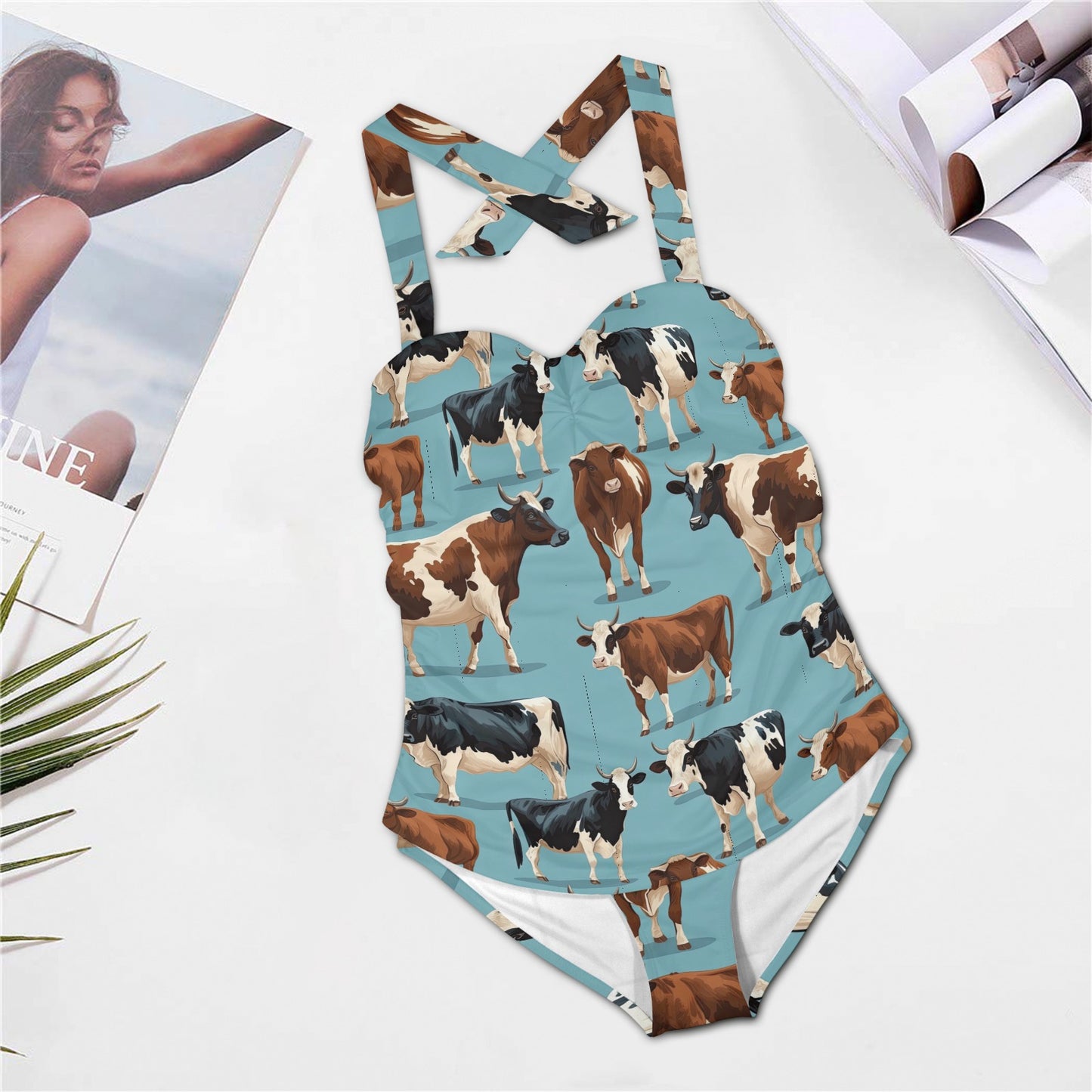 Cows In The Wild Blue Yonder Halter Neck Swimsuit