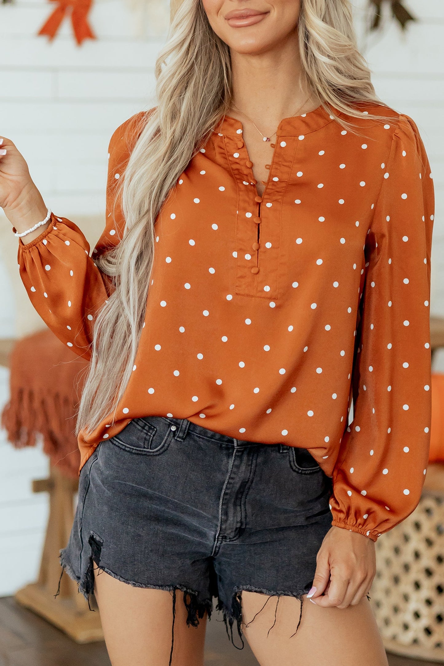 Polka Dot Half Button V-Neck Long Sleeve Blouse