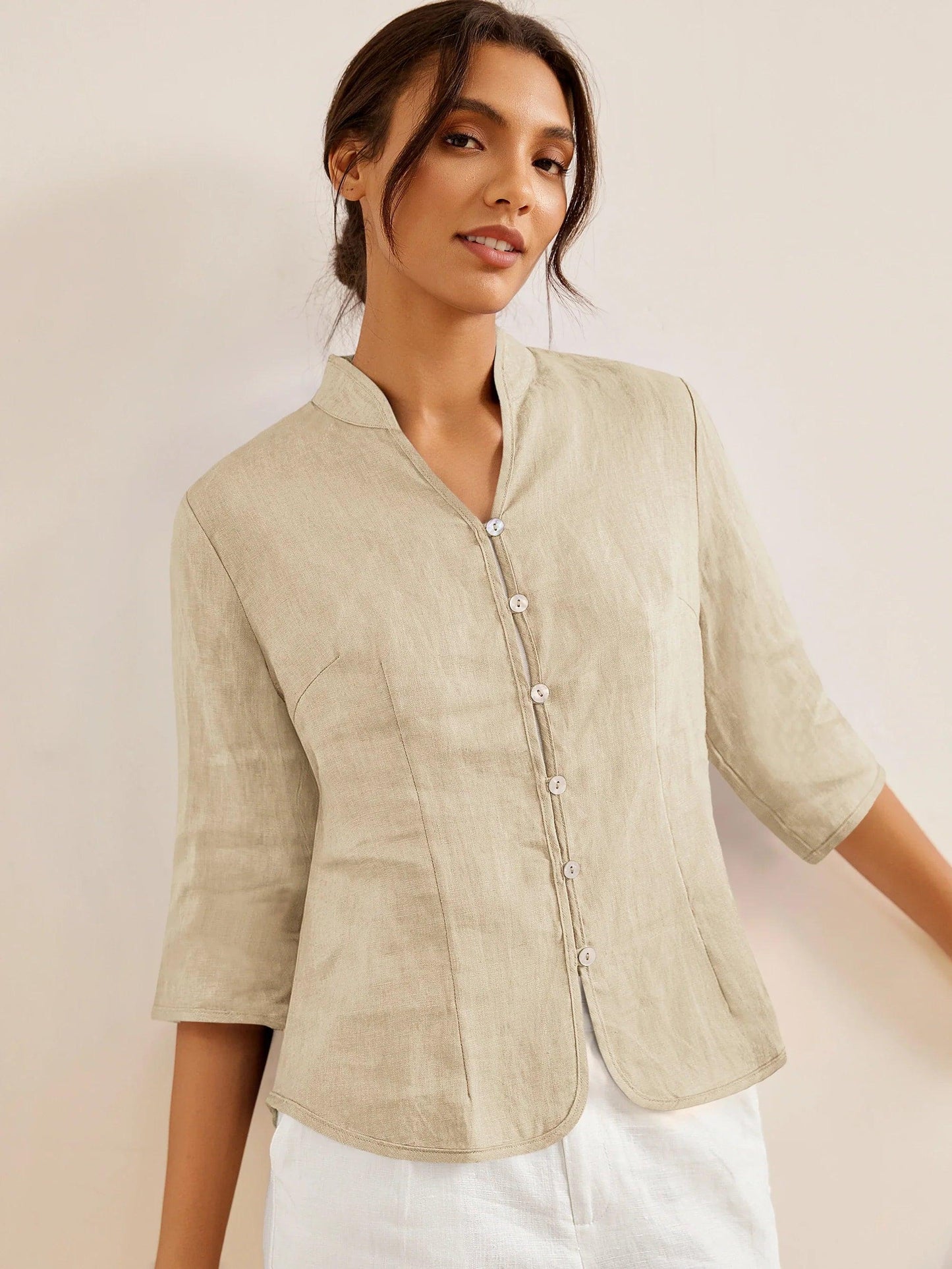 100% Linen Stand-Collar Half-Sleeve Fitted Jacket AMELIA