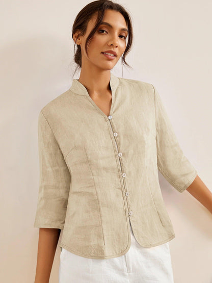 100% Linen Stand-Collar Half-Sleeve Fitted Jacket AMELIA