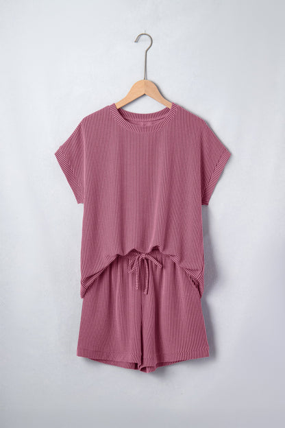 Solid Corded Knit Tee & Drawstring Short Set